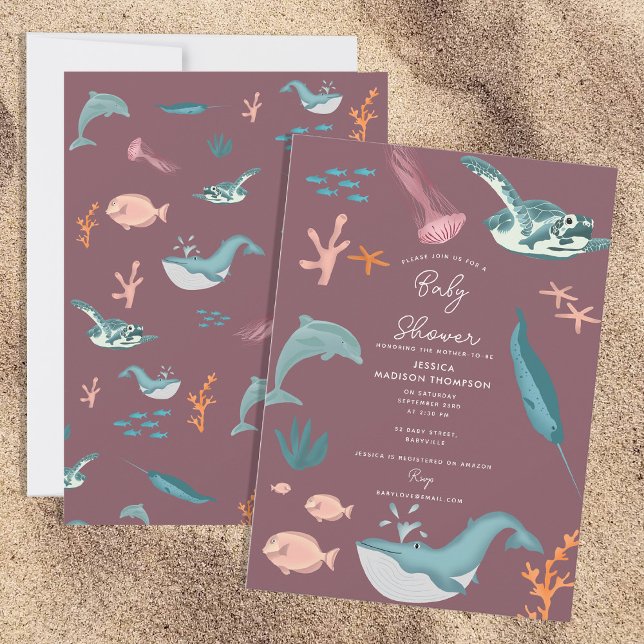 Convite Aquarela Oceânica Chá de fraldas Rosa (Watercolor Ocean Sea Animals Pink Baby Shower Invitation)