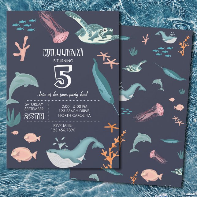 Convite Aquarela Oceano Marinho Azul Aniversário (Watercolor Ocean Sea Animals Blue Birthday Invitation)