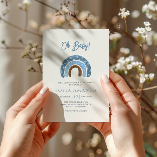 Convite Aquarela Oh Bebê Chá de fraldas Arco-Íris Azul (Criador carregado)