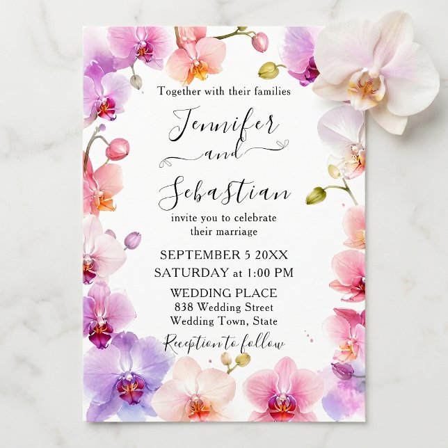 Convite Aquarela Orquídea Roxa Rosa Botânica Casamento (Criador carregado)