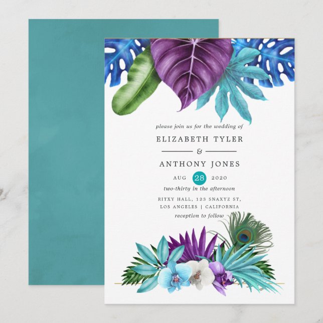 Convite Aquarela Orquídeas Tropicais Casamento Pavão (Frente/Verso)