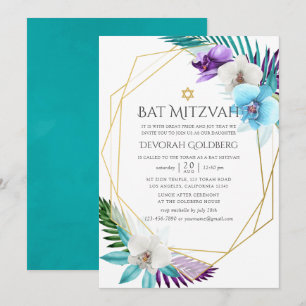 Convite Aquarela Orquídeas Tropicais Geométricas Bat Mitzv