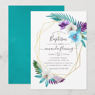 Convite Aquarela Orquídeas Tropicais Geométricas Batismo