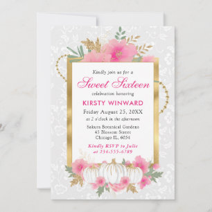 Convite Aquarela Outono Rosa Dourado Floral Abóbora Doce 1