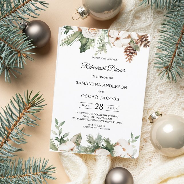 Convite Aquarela Palha Verde de inverno Flores Brancas (Criador carregado)