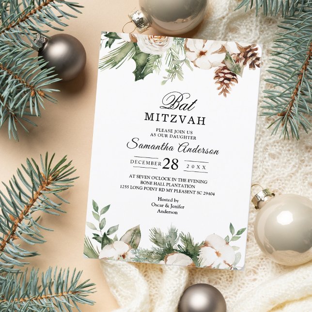 Convite Aquarela Palha Verde de inverno Flores Brancas (Criador carregado)