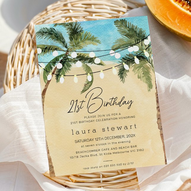 Convite Aquarela Palm Tree Fairy Light aniversário de 21 a (Beach Party 21st Birthday Party Invitation, Palm Trees Fairy Lights, Beach Restaurant Birthday)