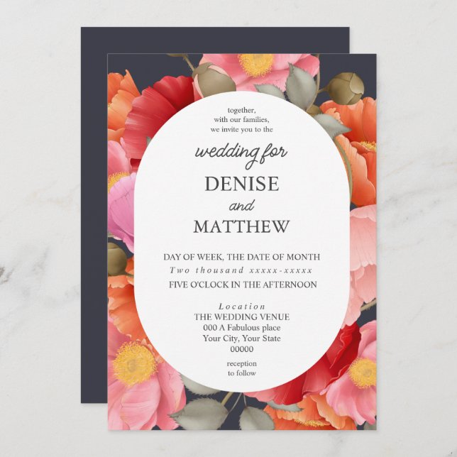 Convite Aquarela Papoula em Cinza Noite Solar (Frente/Verso)