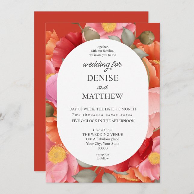 Convite Aquarela Papoula sobre Vermelho Poinciana (Frente/Verso)