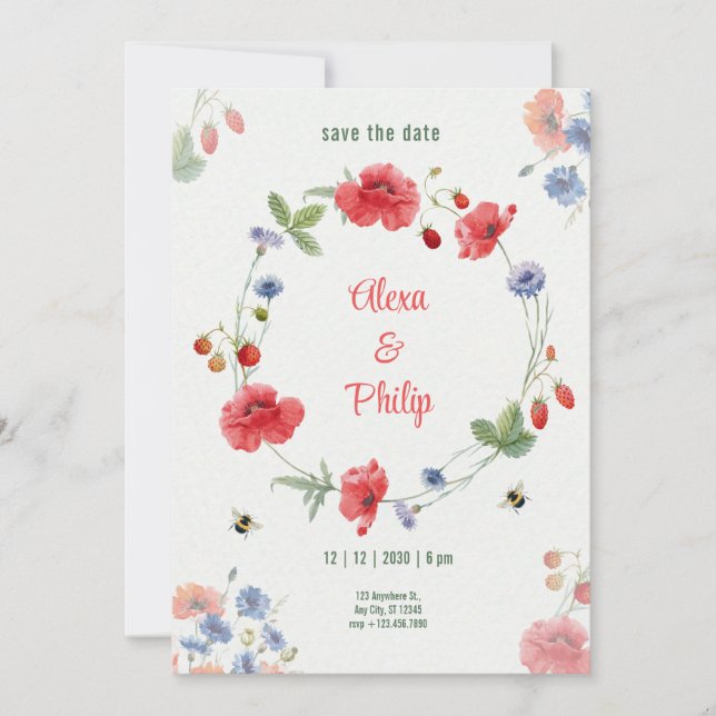 Convite Aquarela Papoulas Rústicas Morangos Leves (Frente)
