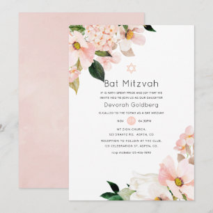 Convite Aquarela Pastel Rosa Floral Bat Mitzvah