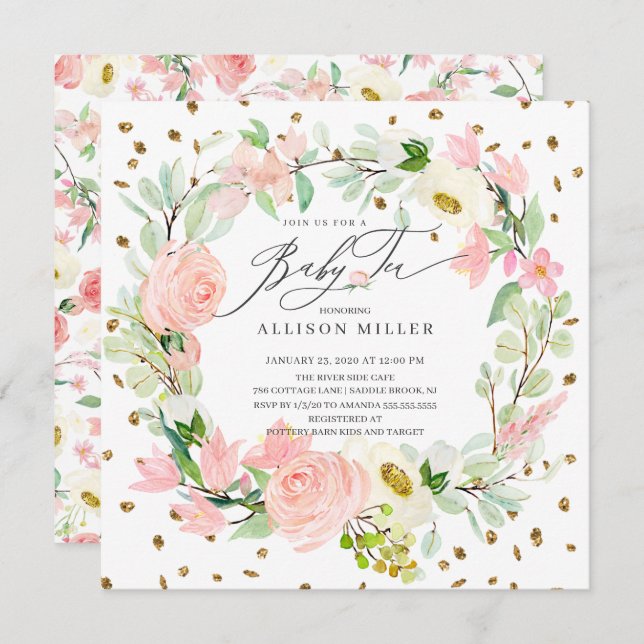 Convite Aquarela Peonies Floral Wreath Baby Tea Chá (Frente/Verso)