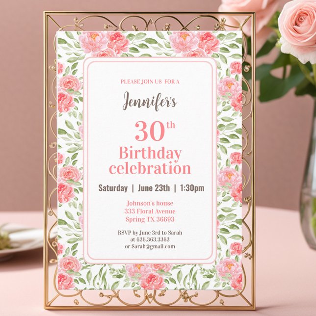 Convite Aquarela Peony Floral Pink aniversário de 30 anos (Watercolor Peony Floral Pink Peach 30th Birthday Invitation)