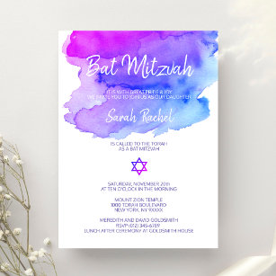 Convite Aquarela Personalizada Azul Púrpura Mitzvah