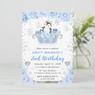 Convite Aquarela Pinguim Ártico Floral 2º Aniversário