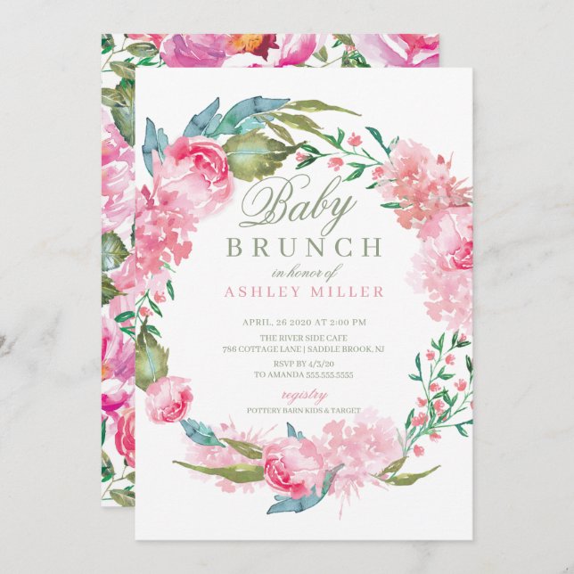 Convite Aquarela Pink Peonies Baby Brunch (Frente/Verso)