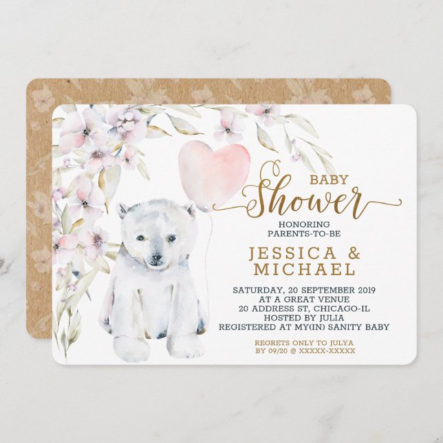 Convite Aquarela Polar Bear Gênero Chá de fraldas Neutro (Frente/Verso)