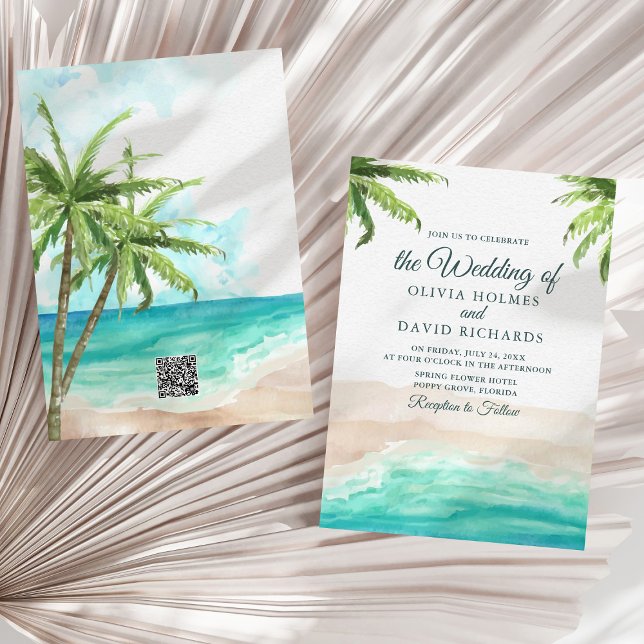 Convite Aquarela Praia Tropical com Casamento Código QR (Watercolor Tropical Beach with QR Code Wedding Invitation on a sunny neutral dry palm leaf.)