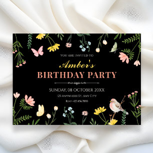 Convite Aquarela preta floral primavera aniversário