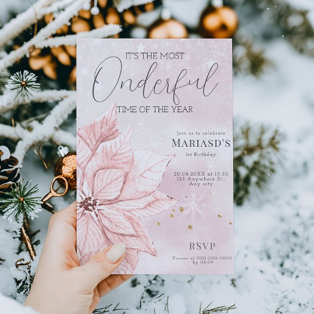 Convite aquarela primeiro aniversario de flor rosa de Nata (Criador carregado)