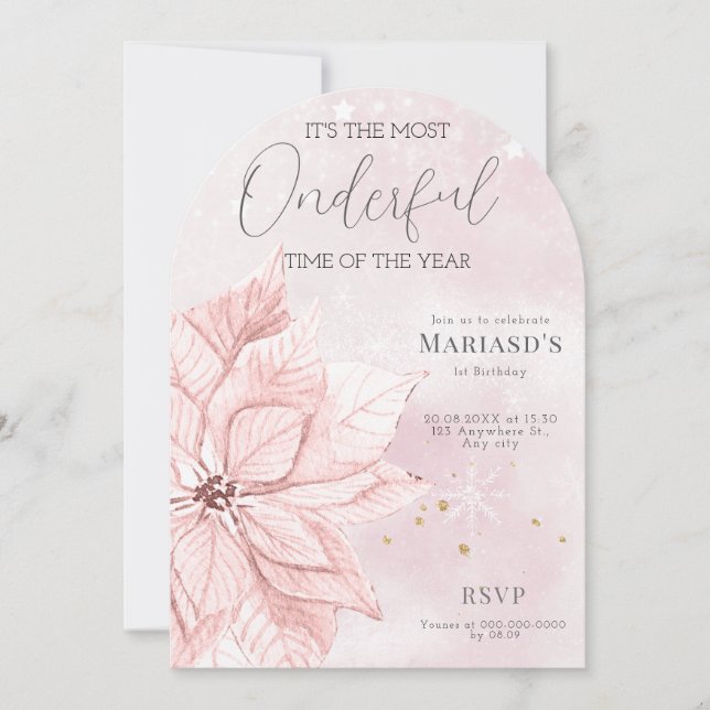 Convite aquarela primeiro aniversario de flor rosa de Nata (Frente)