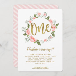 Convite Aquarela Primeiro Aniversário Dourado e Rosa