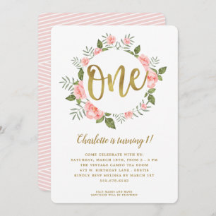 Convite Aquarela Primeiro Aniversário Dourado e Rosa