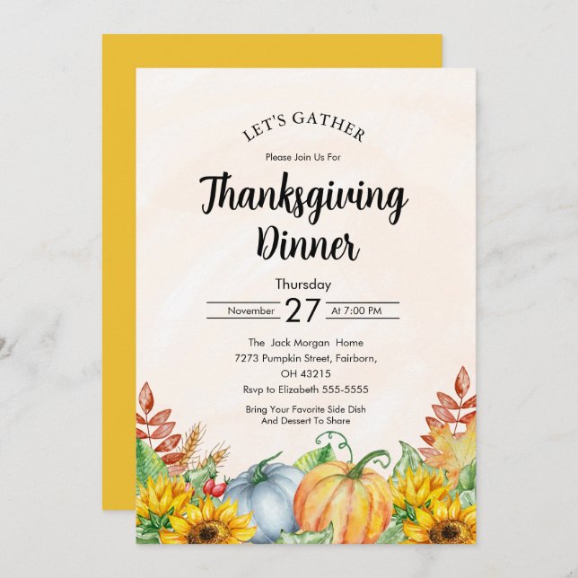 Convite Aquarela Pumpkin Girassol Janto de Ação de Graças (Frente/Verso)