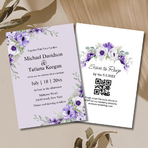 Convite aquarela púrpura floral qr código rsvp chic de cas