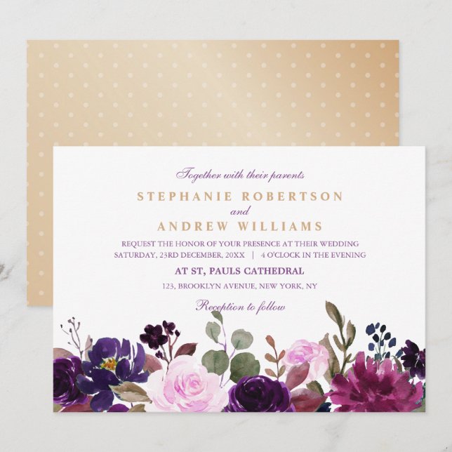 Convite Aquarela Púrpura Plum Floral Boho (Frente/Verso)