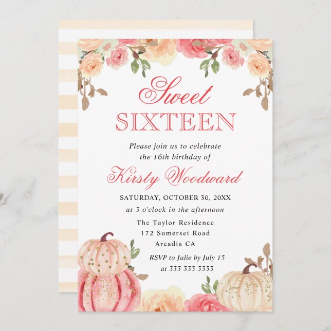 Convite Aquarela Queda Floral Pumpkins Doce Dezesseis (Frente/Verso)