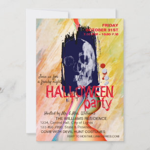Convite Aquarela Retro Caveira Skeleton Arte Halloween