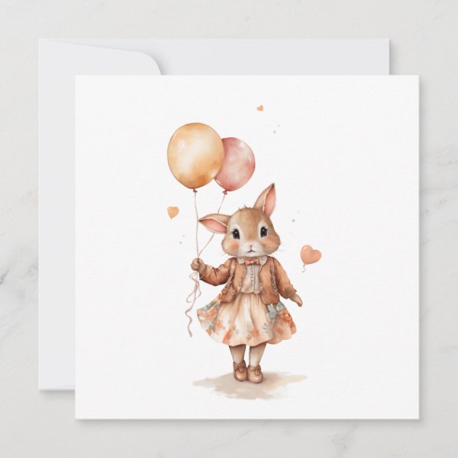 Convite Aquarela retrô Menina coelhinha com balões  (Frente)