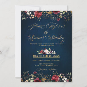 Convite Aquarela Romântica Burgundy Vermelho Azul Ouro Flo