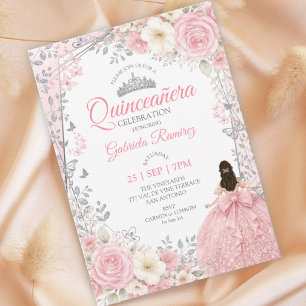 Convite Aquarela Rosa Bege Quinceañera Prata