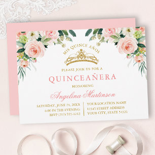Convite Aquarela Rosa Branco Floral Dourado Quinceanera