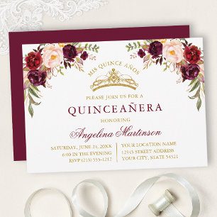 Convite Aquarela Rosa Burgundy Floral Dourado Quinceanera