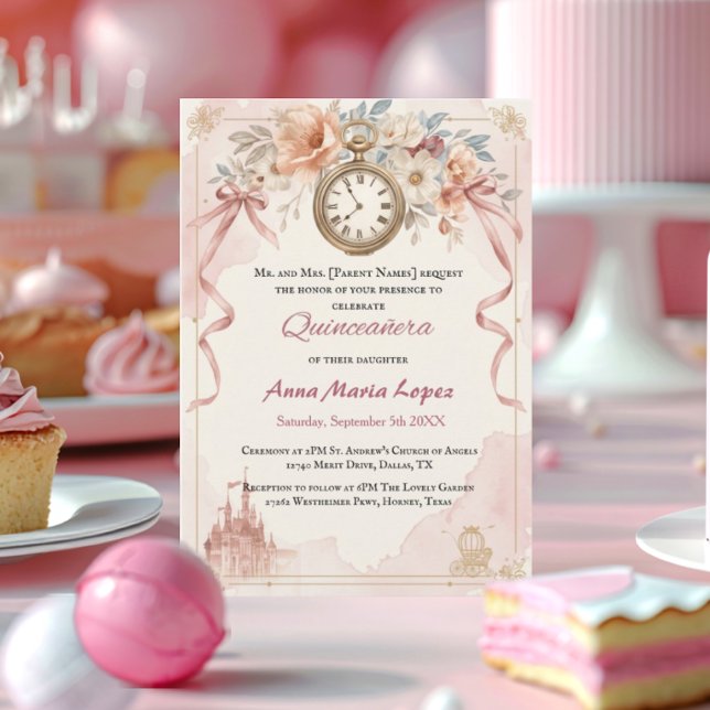 Convite Aquarela rosa claro tema Cinderela quinceanera (Criador carregado)