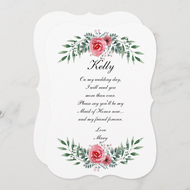 Convite Aquarela Rosa Cor-de-Rosa Folhagem Verde Assistent (Frente/Verso)