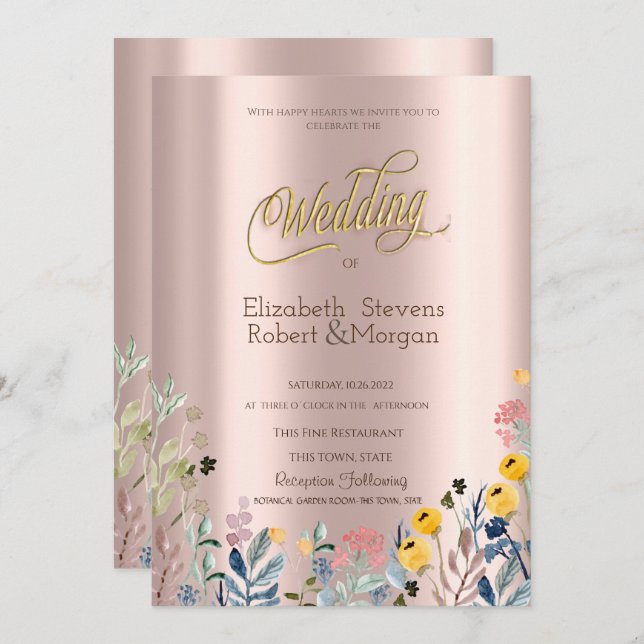 Convite Aquarela Rosa de flor selvagem Dourada (Frente/Verso)