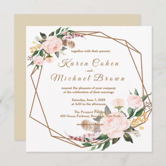 Convite Aquarela Rosa e Dourado Boho Chic Floral Casamento (Frente/Verso)