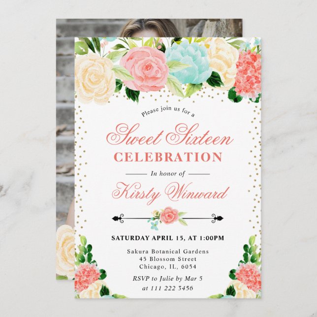 Convite Aquarela Rosa e Flores de Casca Foto Sweet 16 (Frente/Verso)