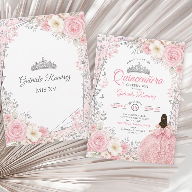 Convite Aquarela Rosa e Prata Quinceañera  (Criador carregado)