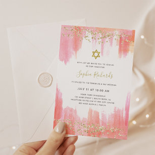 Convite Aquarela rosa elegante e Dourada   Bat Mitzvah