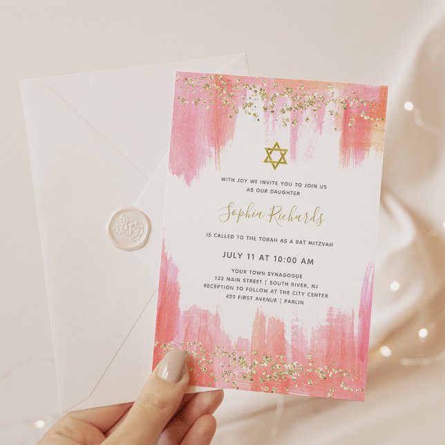 Convite Aquarela rosa elegante e Dourada | Bat Mitzvah (Criador carregado)