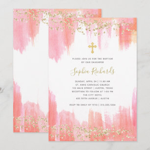 Convite Aquarela rosa elegante e Dourada Batismo