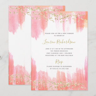 Convite Aquarela rosa elegante e Dourada   Chá de fraldas