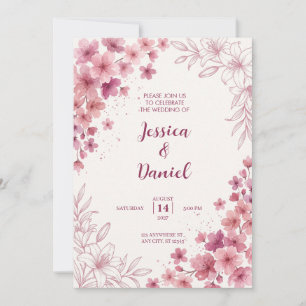 Convite Aquarela Rosa Empoeirada e Floral Desenhado