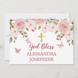 Convite Aquarela Rosa Floral Borboletas e Cruz Nome
