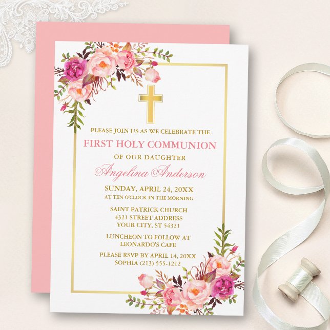 Convite Aquarela Rosa Floral Comunhão Dourado (Customize to change text color, size, style or to change color of back of card.)